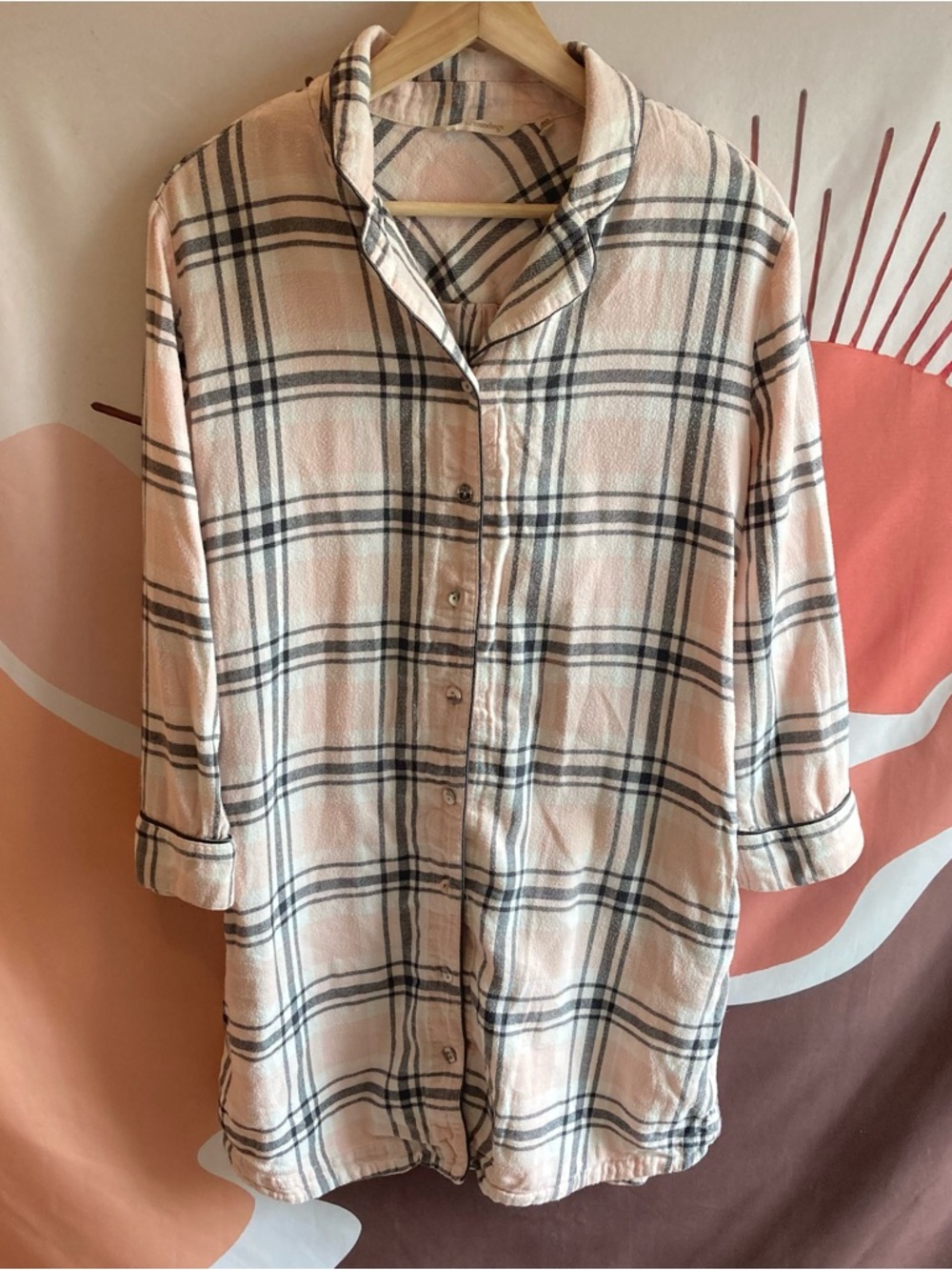 Womens Soft Surroundings Pajama Pink Plaid Top Lounge Long Sleeve Shirt PXS